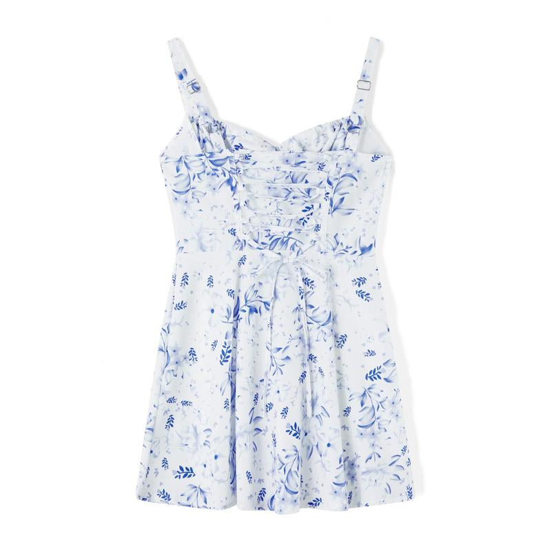 Womenswear Mini One-Piece Dresses Floral Printed Low Cut Lace up Sleeveless Cami Dresses Summer Backless Party Dresses, Lightweight Suitable for Women'S Beach Vacation, Capri Sunshine Dresses, Women'S, Birthday Dresses French Style, Spaghetti Strap Casual