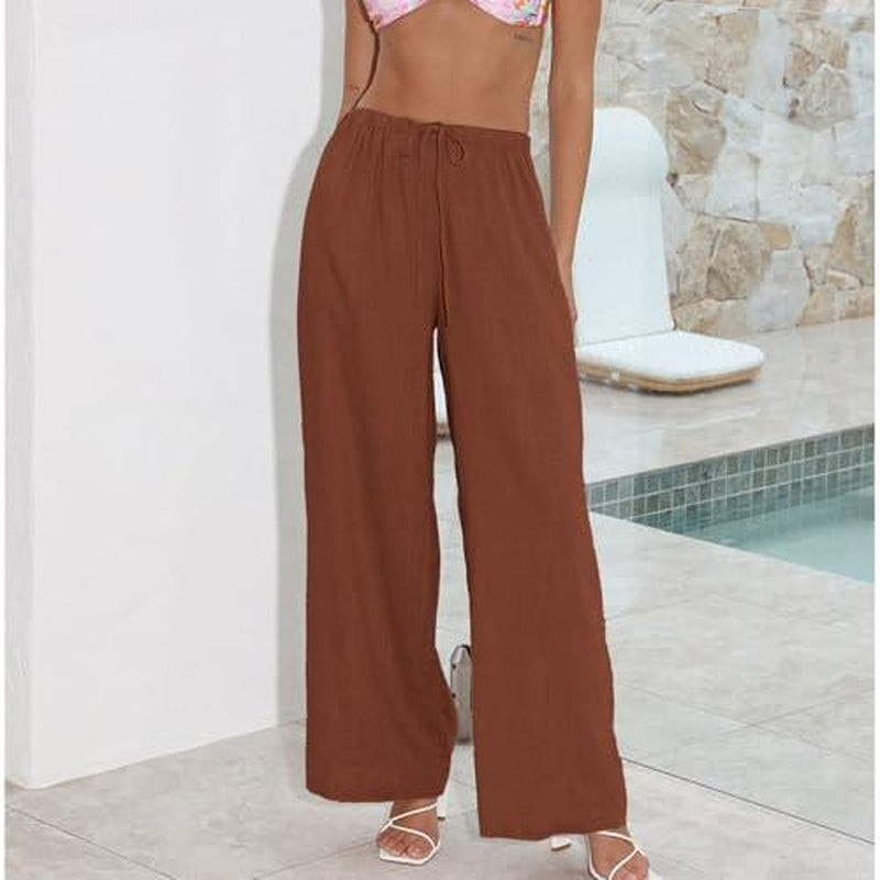 Womens Cotton Linen Palazzo Pants Drawstring Elastic Waist Casual Wide Leg Trousers with Pockets