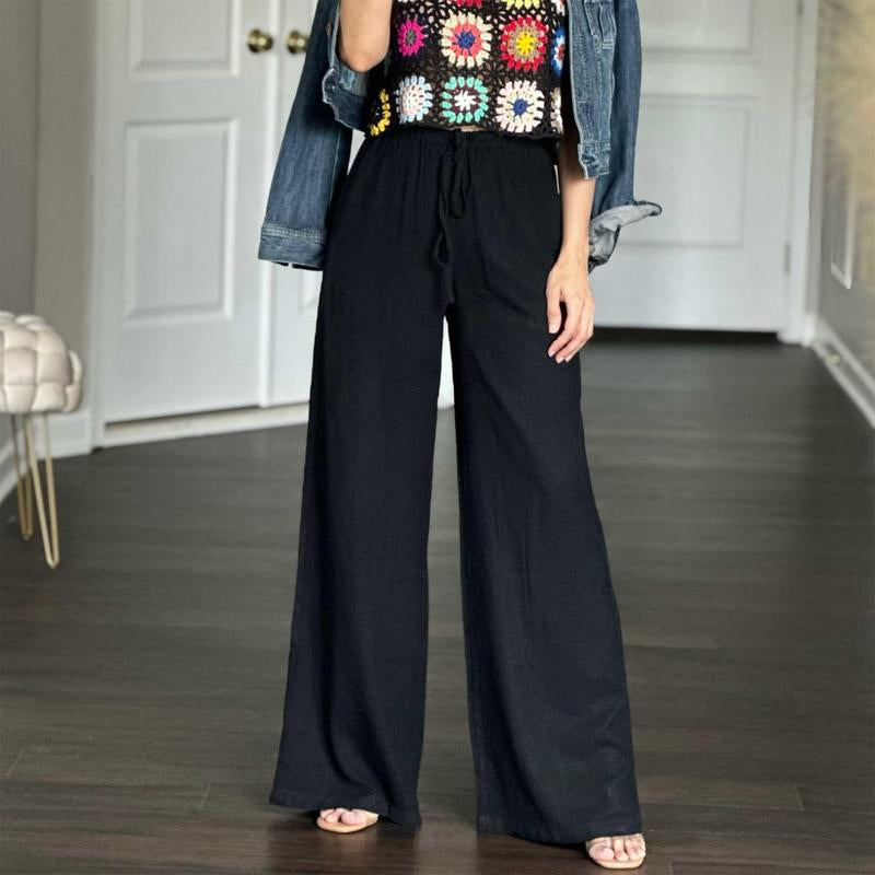 Womens Cotton Linen Palazzo Pants Drawstring Elastic Waist Casual Wide Leg Trousers with Pockets