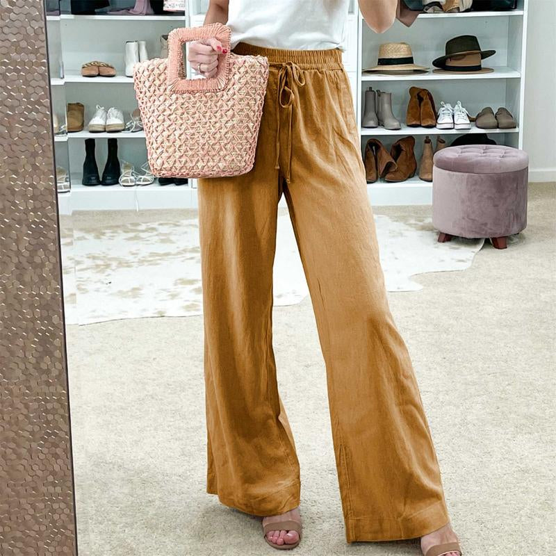 Womens Cotton Linen Palazzo Pants Drawstring Elastic Waist Casual Wide Leg Trousers with Pockets