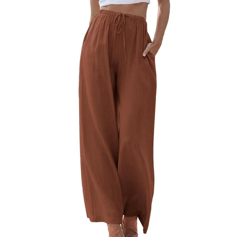 Womens Cotton Linen Palazzo Pants Drawstring Elastic Waist Casual Wide Leg Trousers with Pockets