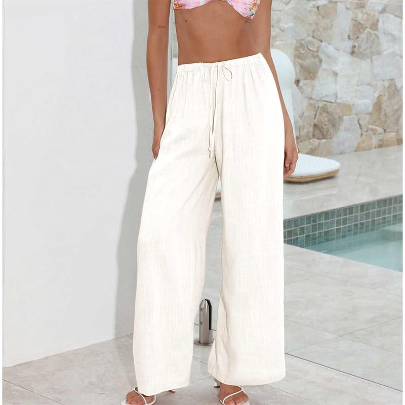 Womens Cotton Linen Palazzo Pants Drawstring Elastic Waist Casual Wide Leg Trousers with Pockets