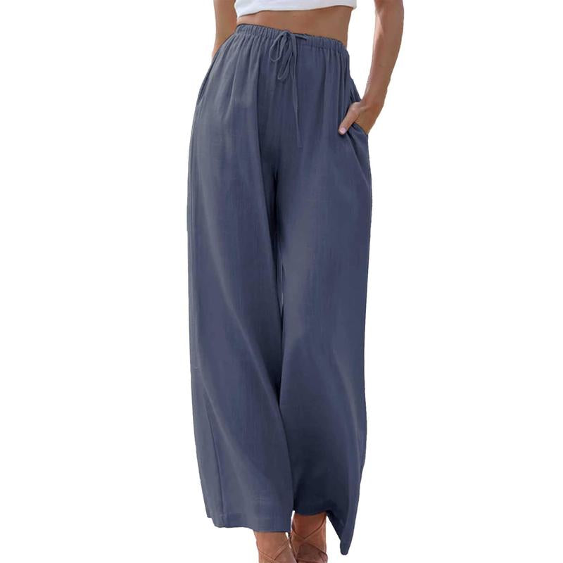 Womens Cotton Linen Palazzo Pants Drawstring Elastic Waist Casual Wide Leg Trousers with Pockets