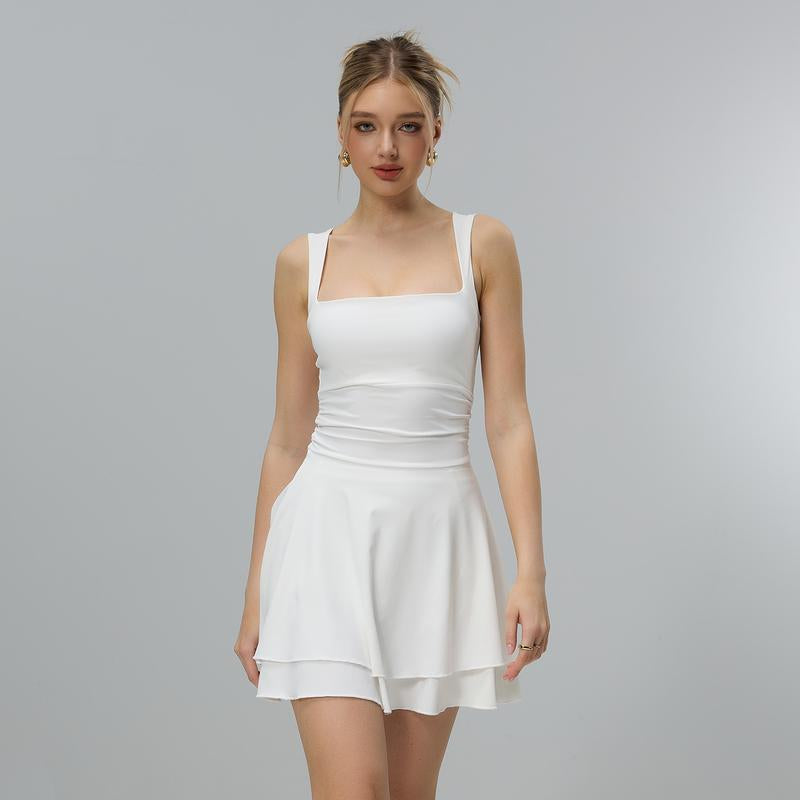 JOJOANS Women'S Square Neck Ruffle Hem Mini Dress Ruched Waist Short Party Dresses