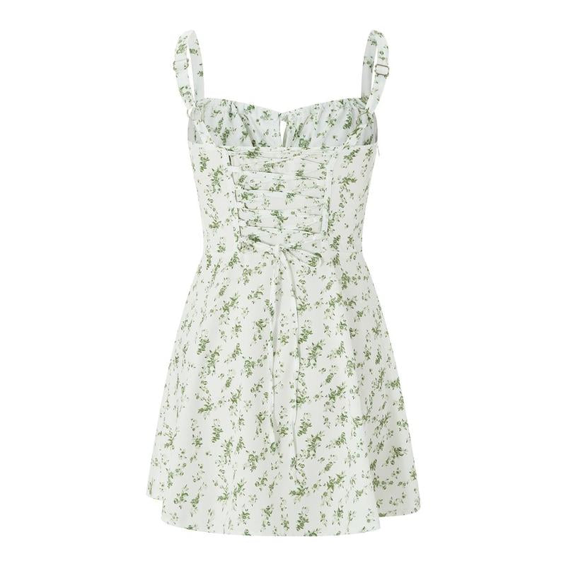 Womenswear Mini One-Piece Dresses Floral Printed Low Cut Lace up Sleeveless Cami Dresses Summer Backless Party Dresses, Lightweight Suitable for Women'S Beach Vacation, Capri Sunshine Dresses, Women'S, Birthday Dresses French Style, Spaghetti Strap Casual