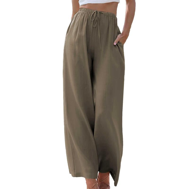 Womens Cotton Linen Palazzo Pants Drawstring Elastic Waist Casual Wide Leg Trousers with Pockets