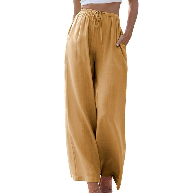 Womens Cotton Linen Palazzo Pants Drawstring Elastic Waist Casual Wide Leg Trousers with Pockets