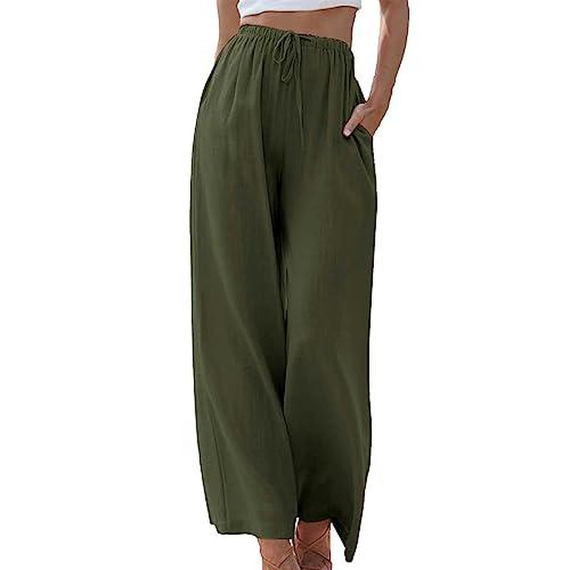 Womens Cotton Linen Palazzo Pants Drawstring Elastic Waist Casual Wide Leg Trousers with Pockets