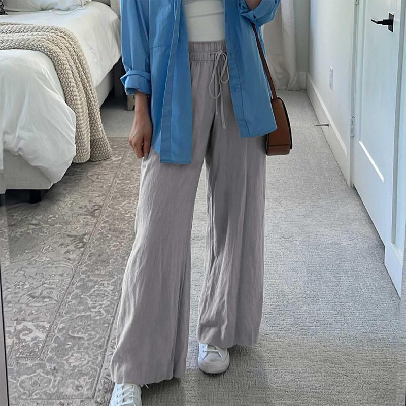 Womens Cotton Linen Palazzo Pants Drawstring Elastic Waist Casual Wide Leg Trousers with Pockets