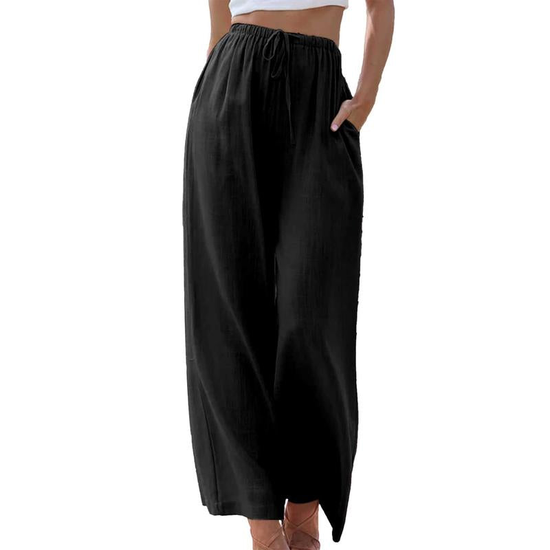 Womens Cotton Linen Palazzo Pants Drawstring Elastic Waist Casual Wide Leg Trousers with Pockets