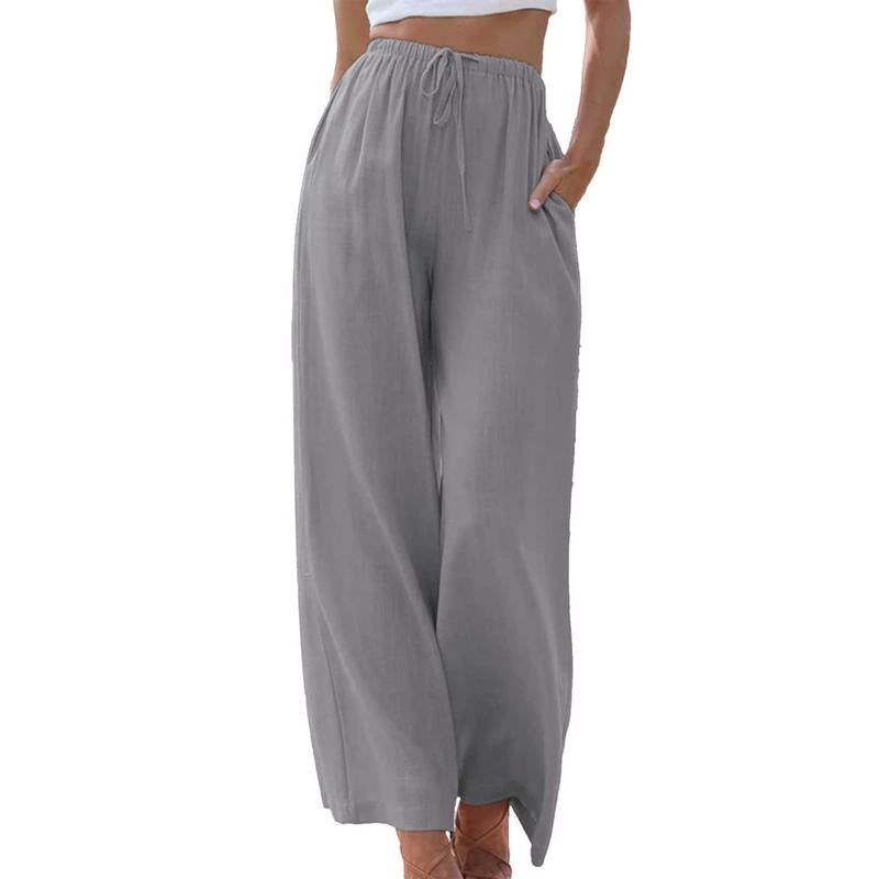 Womens Cotton Linen Palazzo Pants Drawstring Elastic Waist Casual Wide Leg Trousers with Pockets