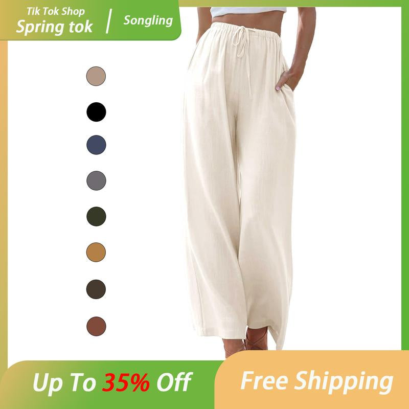 Womens Cotton Linen Palazzo Pants Drawstring Elastic Waist Casual Wide Leg Trousers with Pockets