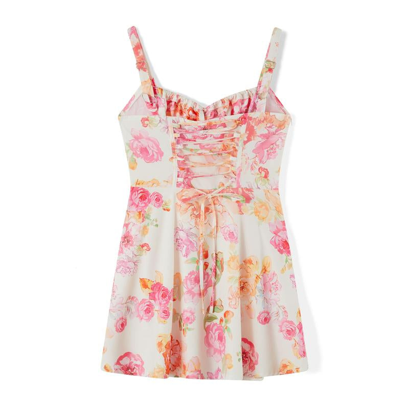 Womenswear Mini One-Piece Dresses Floral Printed Low Cut Lace up Sleeveless Cami Dresses Summer Backless Party Dresses, Lightweight Suitable for Women'S Beach Vacation, Capri Sunshine Dresses, Women'S, Birthday Dresses French Style, Spaghetti Strap Casual