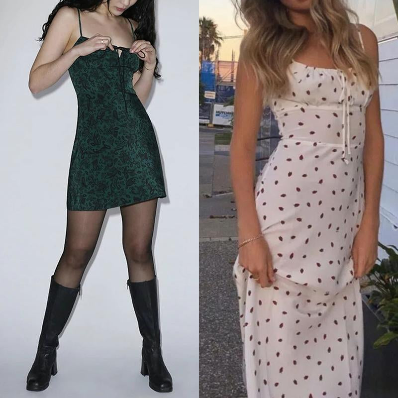 Tanming Womens Floral Dress Low-Cut Square Neck Spaghetti Strap Tie Bodycorn 90S Y2K Sun Dresses