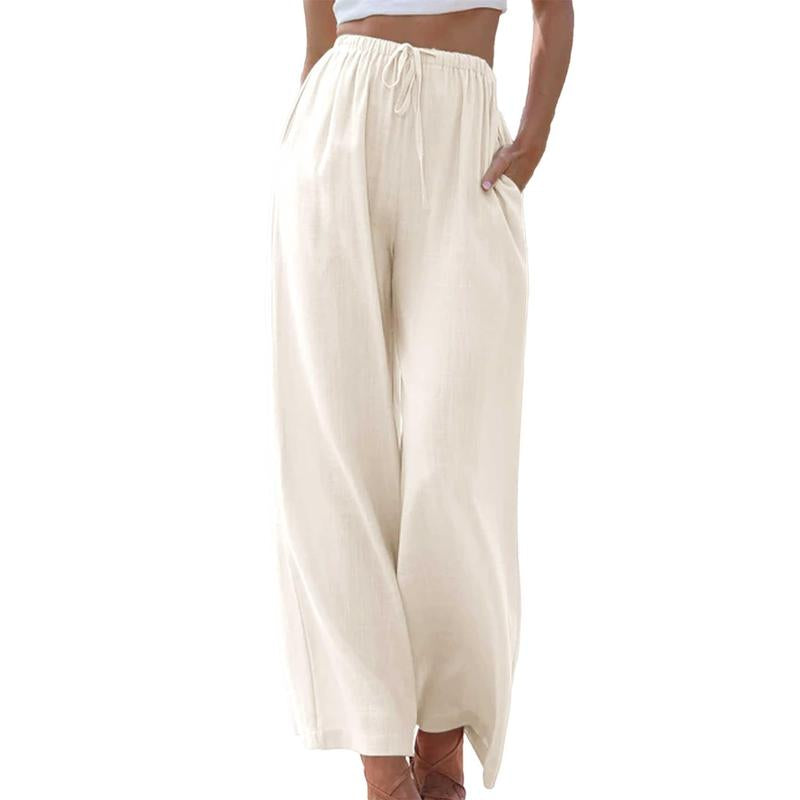 Womens Cotton Linen Palazzo Pants Drawstring Elastic Waist Casual Wide Leg Trousers with Pockets