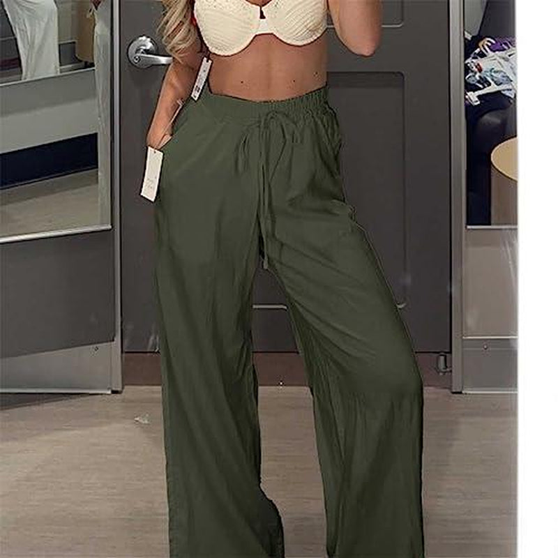 Womens Cotton Linen Palazzo Pants Drawstring Elastic Waist Casual Wide Leg Trousers with Pockets