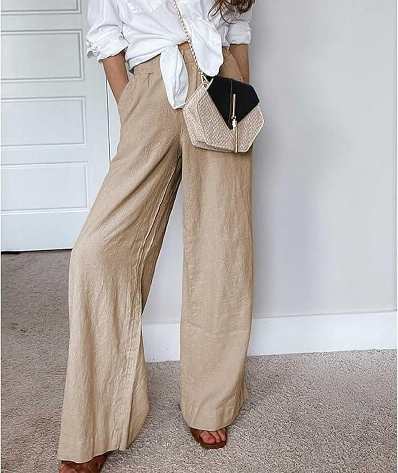 Womens Cotton Linen Palazzo Pants Drawstring Elastic Waist Casual Wide Leg Trousers with Pockets