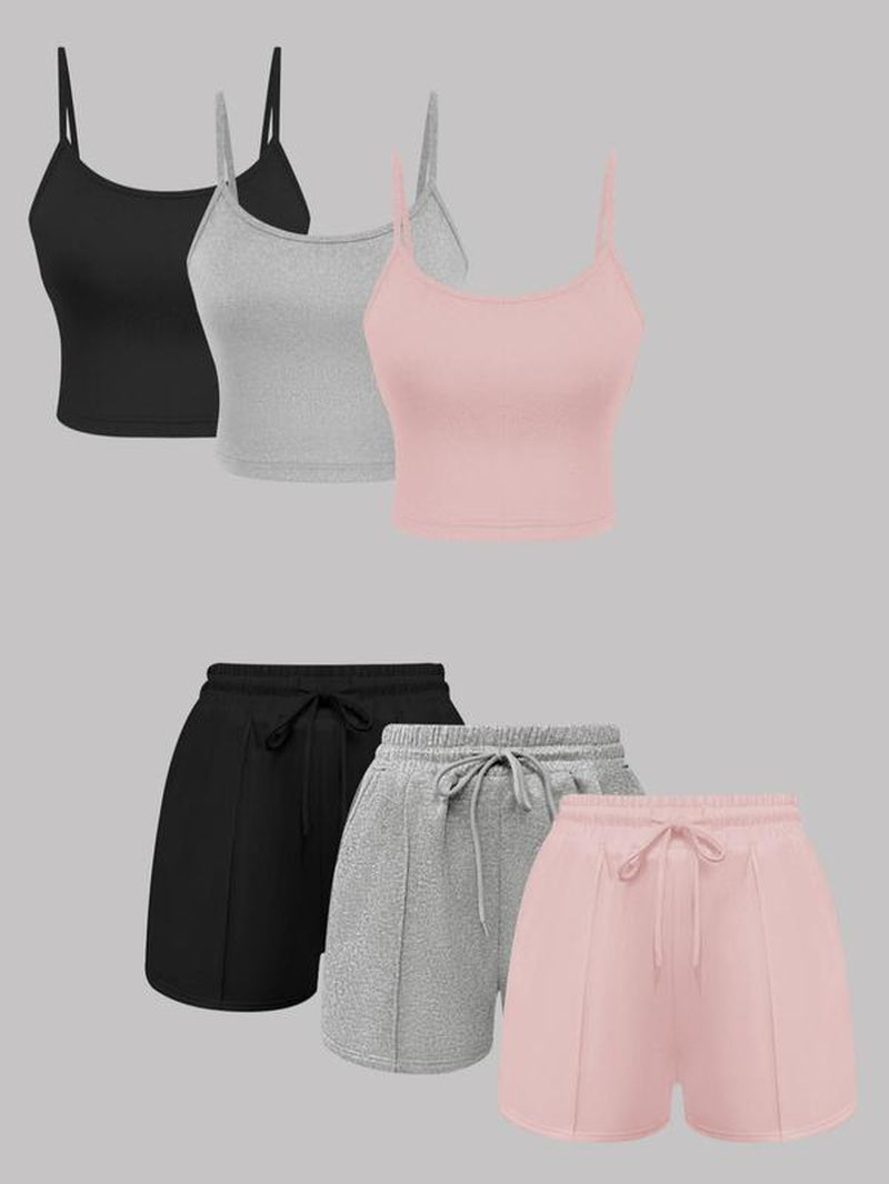 Women'S Solid Ribbed Crop Cami Top & Drawstring Waist Shorts Set, Casual Sleeveless Crop Top & Shorts for Summer, Summer Outfits 2024, Ladies Clothes for Daily Wear, Activewear