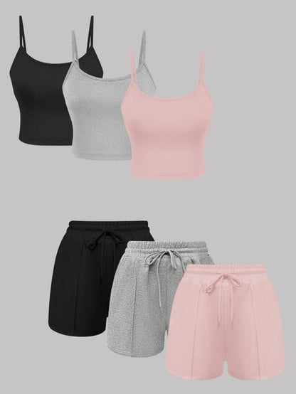Women'S Solid Ribbed Crop Cami Top & Drawstring Waist Shorts Set, Casual Sleeveless Crop Top & Shorts for Summer, Summer Outfits 2024, Ladies Clothes for Daily Wear, Activewear