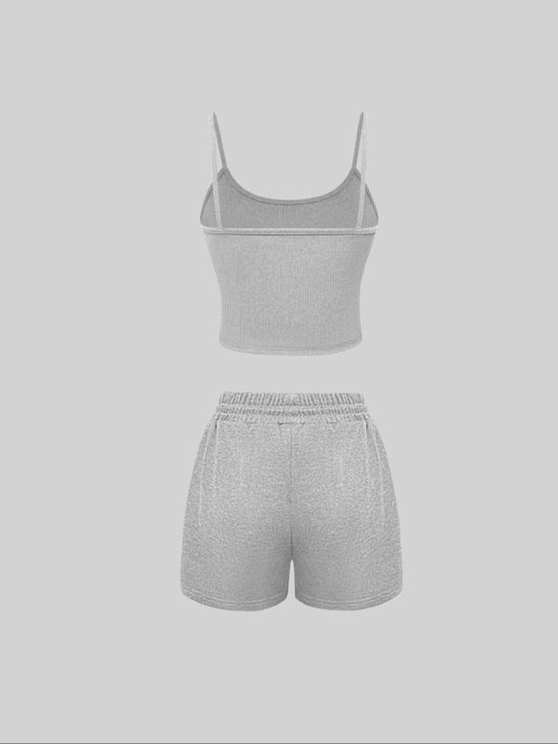 Women'S Solid Ribbed Crop Cami Top & Drawstring Waist Shorts Set, Casual Sleeveless Crop Top & Shorts for Summer, Summer Outfits 2024, Ladies Clothes for Daily Wear, Activewear