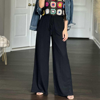 Womens Cotton Linen Palazzo Pants Drawstring Elastic Waist Casual Wide Leg Trousers with Pockets
