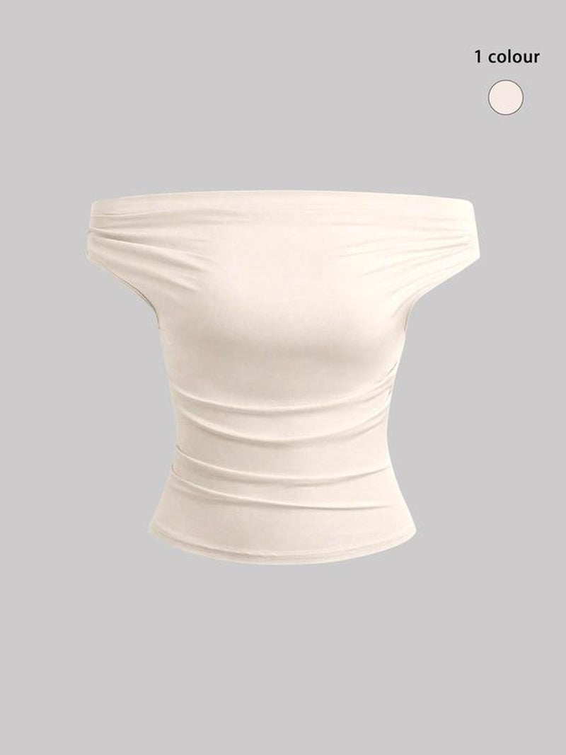Women'S Solid off Shoulder Tee, Elegant Fashion Ruched Top for Daily Outdoor Wear, Ladies Clothes for All Seasons, Women'S T-Shirts, Womenswear, Tshirt