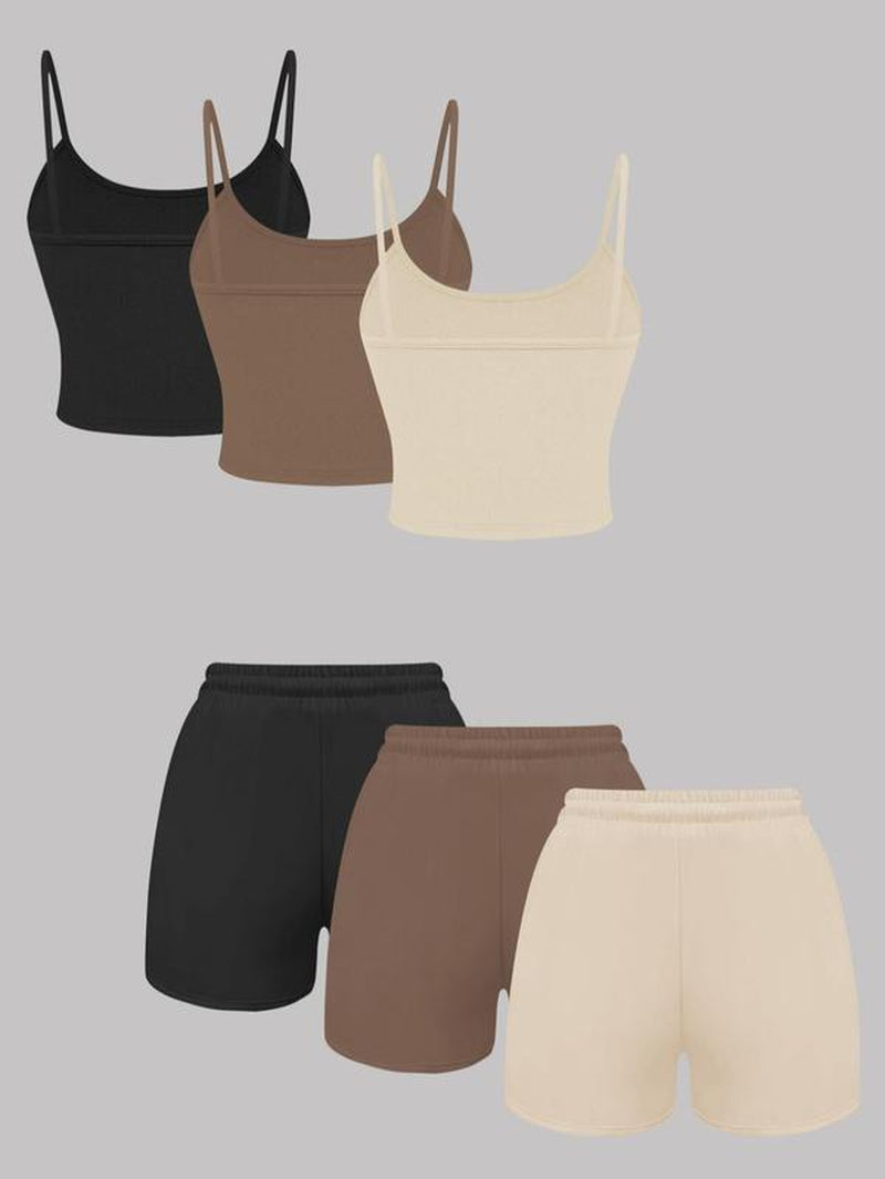 Women'S Solid Ribbed Crop Cami Top & Drawstring Waist Shorts Set, Casual Sleeveless Crop Top & Shorts for Summer, Summer Outfits 2024, Ladies Clothes for Daily Wear, Activewear
