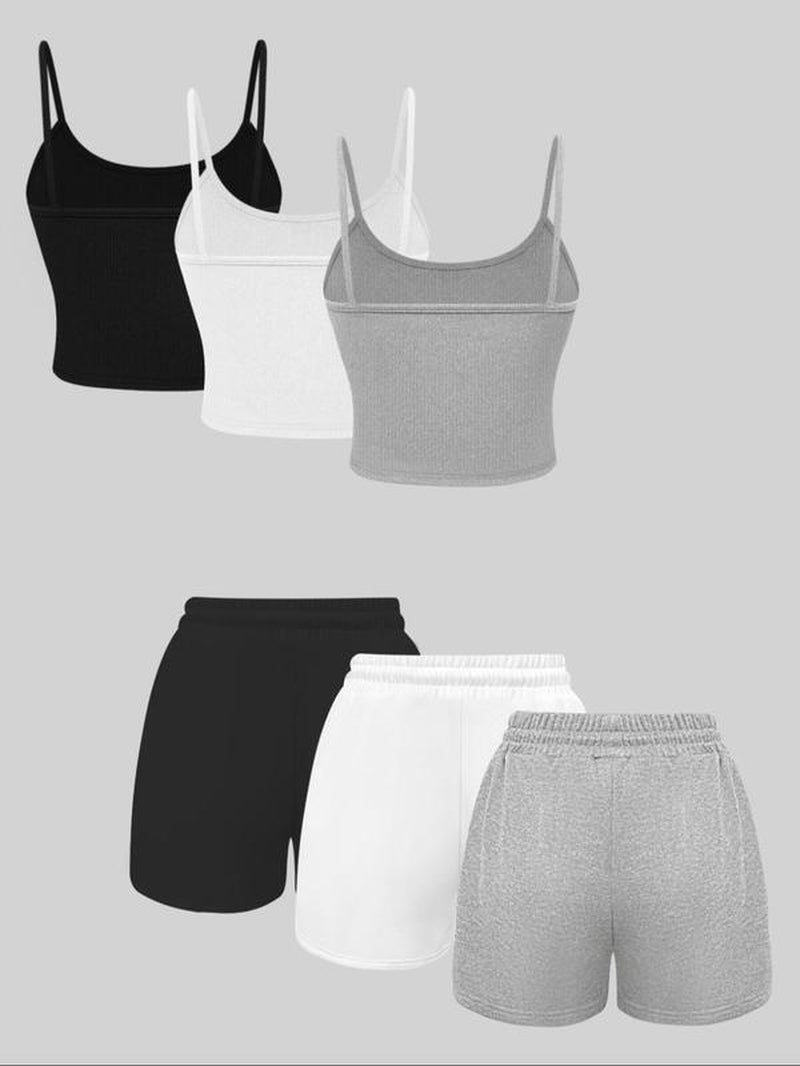Women'S Solid Ribbed Crop Cami Top & Drawstring Waist Shorts Set, Casual Sleeveless Crop Top & Shorts for Summer, Summer Outfits 2024, Ladies Clothes for Daily Wear, Activewear