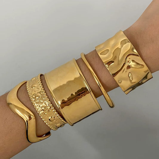 Chunky Cuff Bangles 18K PVD Gold Plated Stainless Steel Pave Hammered Cuff Bracelet