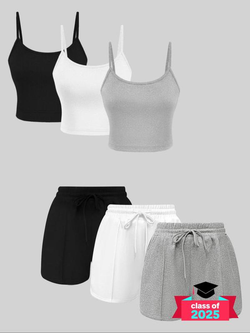 Women'S Solid Ribbed Crop Cami Top & Drawstring Waist Shorts Set, Casual Sleeveless Crop Top & Shorts for Summer, Summer Outfits 2024, Ladies Clothes for Daily Wear, Activewear