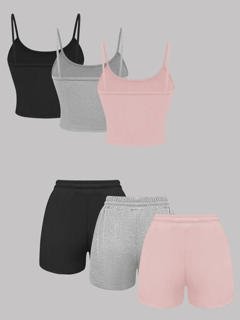 Women'S Solid Ribbed Crop Cami Top & Drawstring Waist Shorts Set, Casual Sleeveless Crop Top & Shorts for Summer, Summer Outfits 2024, Ladies Clothes for Daily Wear, Activewear