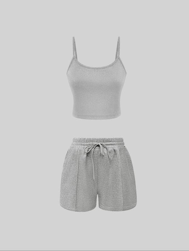 Women'S Solid Ribbed Crop Cami Top & Drawstring Waist Shorts Set, Casual Sleeveless Crop Top & Shorts for Summer, Summer Outfits 2024, Ladies Clothes for Daily Wear, Activewear