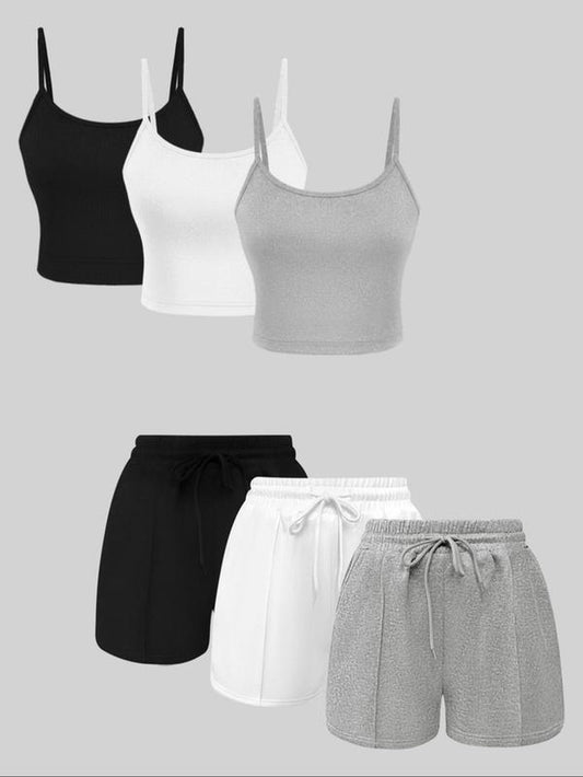 Women'S Solid Ribbed Crop Cami Top & Drawstring Waist Shorts Set, Casual Sleeveless Crop Top & Shorts for Summer, Summer Outfits 2024, Ladies Clothes for Daily Wear, Activewear