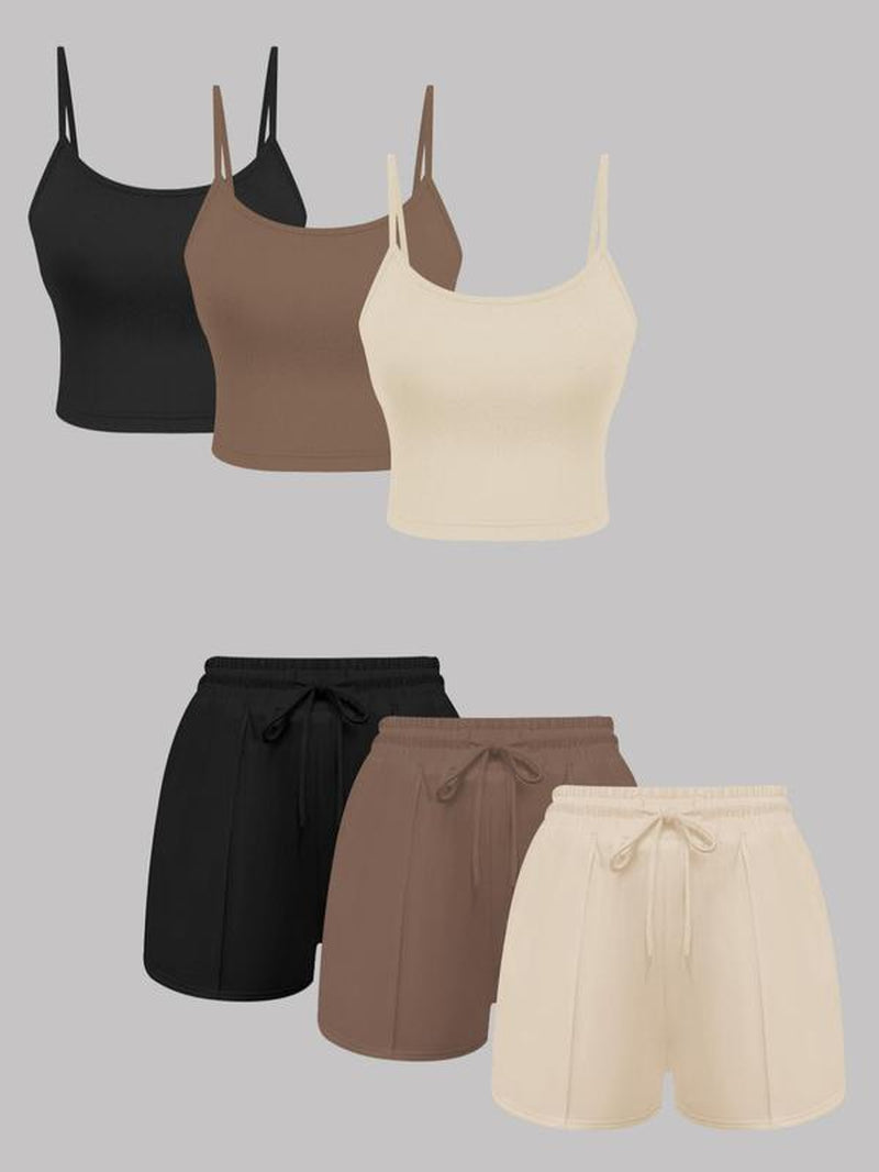 Women'S Solid Ribbed Crop Cami Top & Drawstring Waist Shorts Set, Casual Sleeveless Crop Top & Shorts for Summer, Summer Outfits 2024, Ladies Clothes for Daily Wear, Activewear