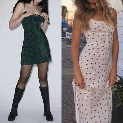 Tanming Womens Floral Dress Low-Cut Square Neck Spaghetti Strap Tie Bodycorn 90S Y2K Sun Dresses
