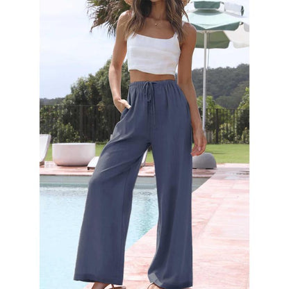 Womens Cotton Linen Palazzo Pants Drawstring Elastic Waist Casual Wide Leg Trousers with Pockets