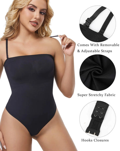 Strapless Thong Bodysuit for Women Tummy Control Shapewear Seamless Body Shaper with Removable Straps