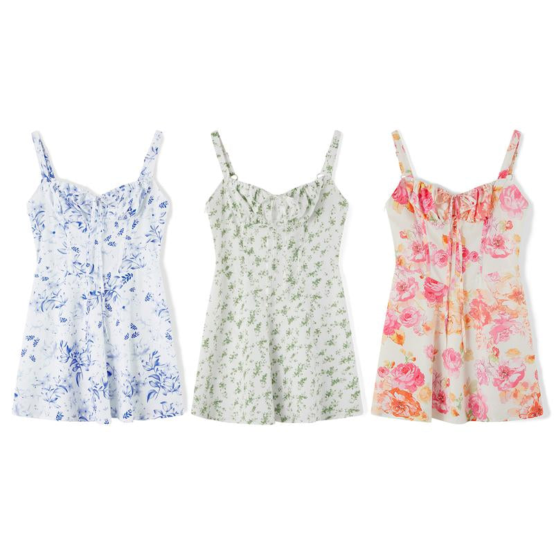 Womenswear Mini One-Piece Dresses Floral Printed Low Cut Lace up Sleeveless Cami Dresses Summer Backless Party Dresses, Lightweight Suitable for Women'S Beach Vacation, Capri Sunshine Dresses, Women'S, Birthday Dresses French Style, Spaghetti Strap Casual